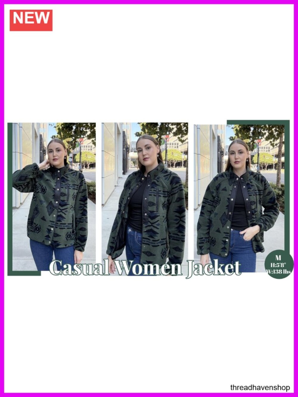 Cozy Fleece Jacket Western Aztec Print Snap Button Down Coat with Pockets - Picture 6 of 6